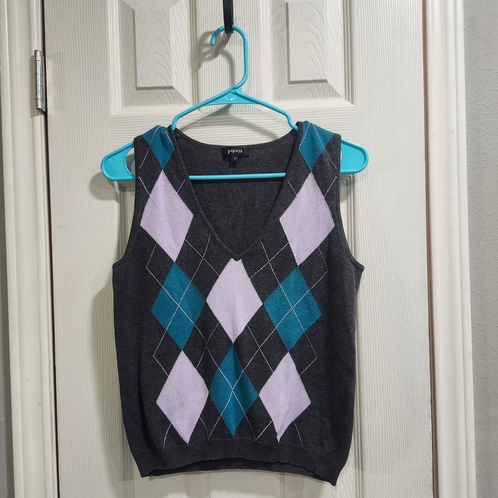 Papaya Argyle Sweater Vest Gray Teal Purple Cotton V-Neck Preppy Size 10